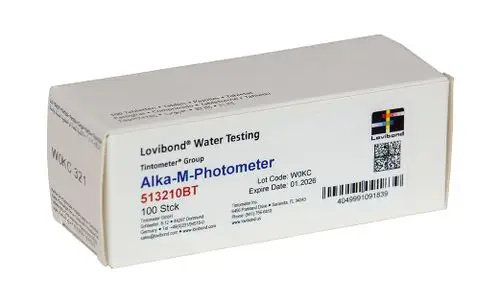 Verpackung mit 100 Tabletten zur Messung der Säurekapazität von Wasser. Geliefert von der Marke Grünbeck für die Wasseranalyse. Lot-Code und Haltbarkeitsdatum auf der Verpackung.